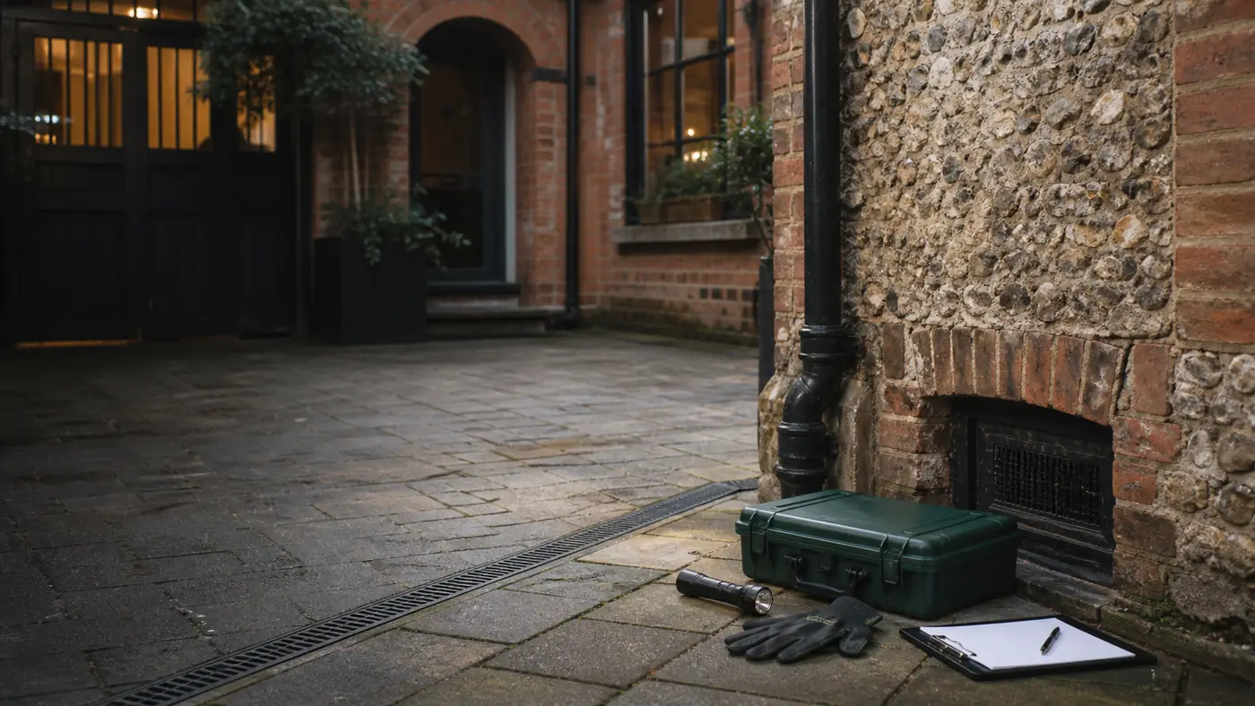 Professional pest-control inspection equipment outside a historic Canterbury property