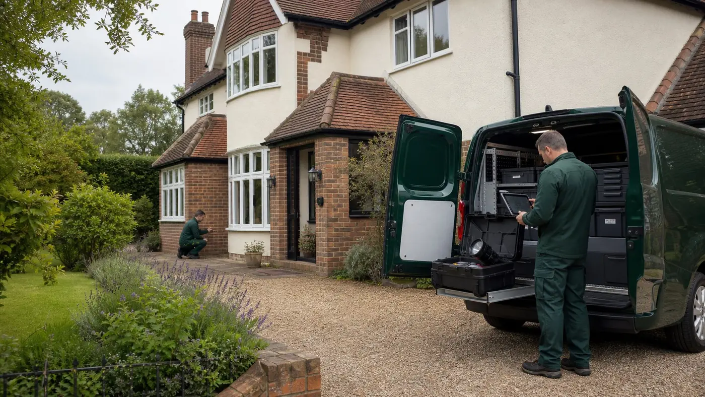 Kent pest control service vehicle and equipment outside a local property