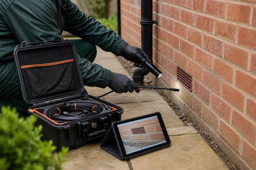 Pest control technician inspecting an exterior entry point at a Kent home