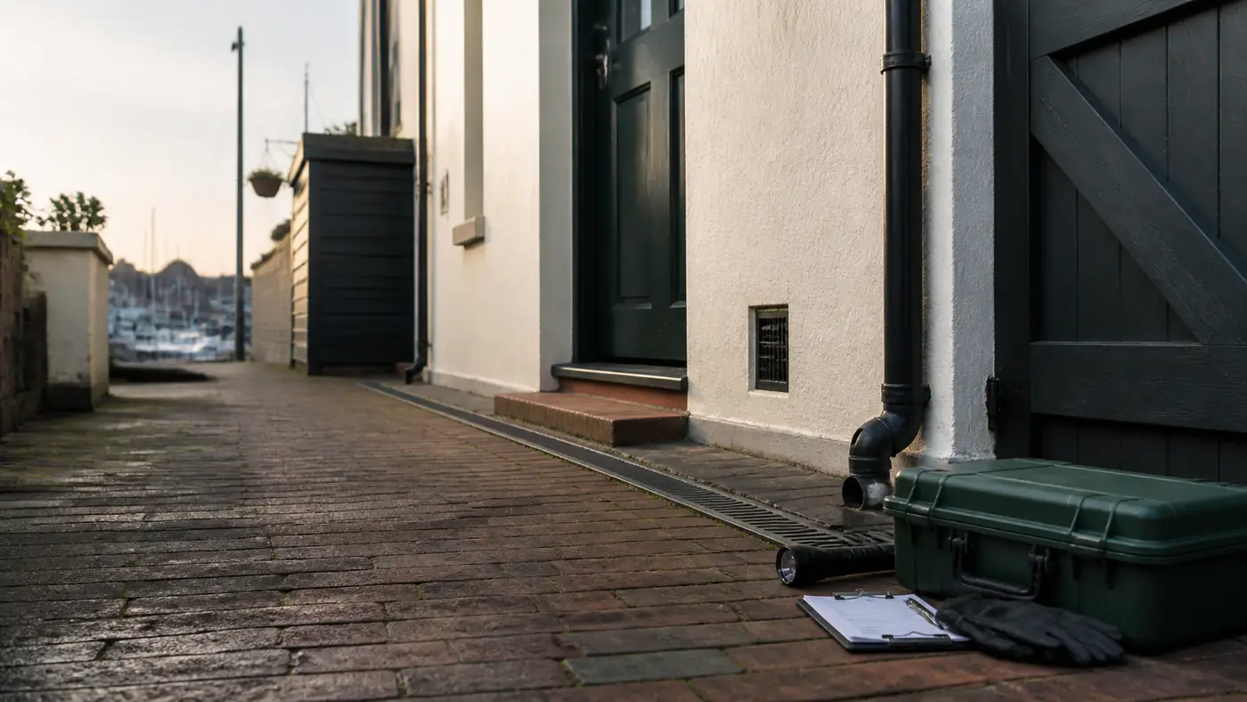 Professional pest-control inspection equipment outside a Ramsgate harbour-area property